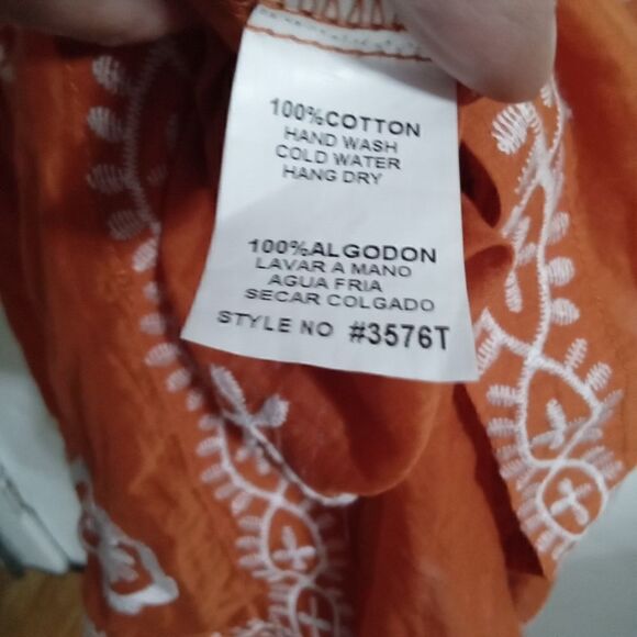 Mur Mur Sheer Embroidered Tunic Size M Orange and White V Neck with Tie - Picture 6 of 10